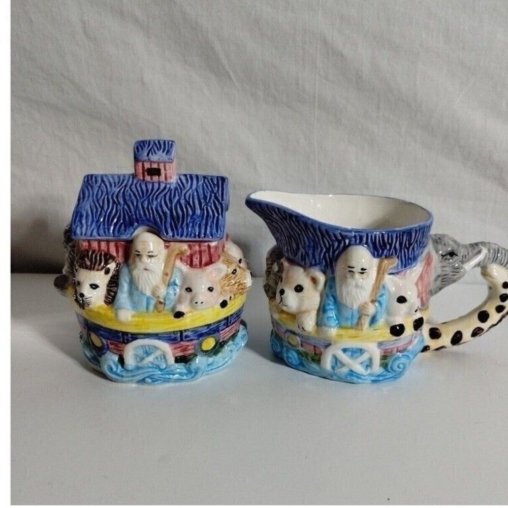 Jay Import Noahs Ark Ceramic Creamer and Sugar Bowl Set Elephant Handle Multi